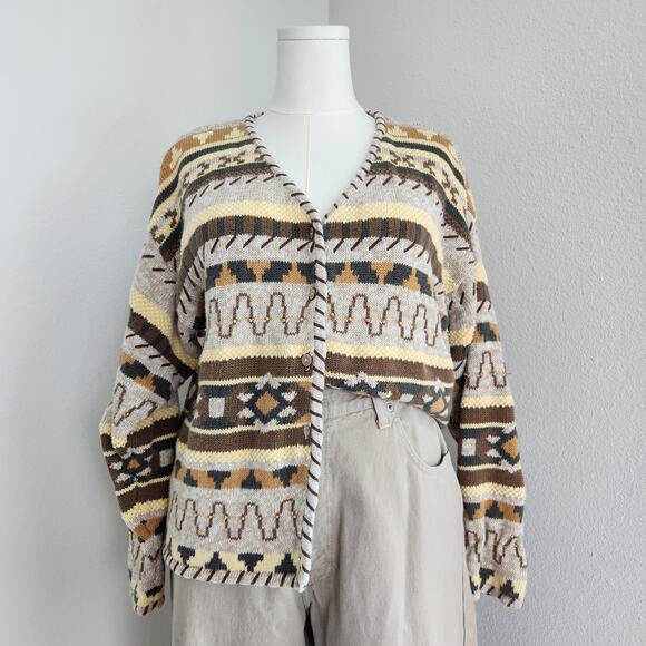 Vintage 90s Christopher & Banks Southwestern Aztec Tan Knit Cardigan Sweater L - Picture 1 of 10